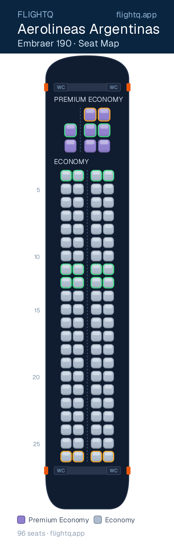 Aerolineas Argentinas Embraer E190 seat map with 96 seats across 2 cabins — best seats and rows to avoid