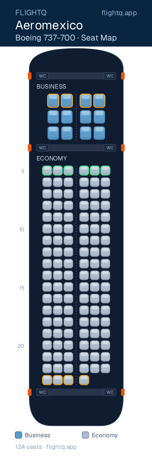 Aeromexico Boeing 737-700 seat map with 124 seats across 2 cabins — best seats and rows to avoid