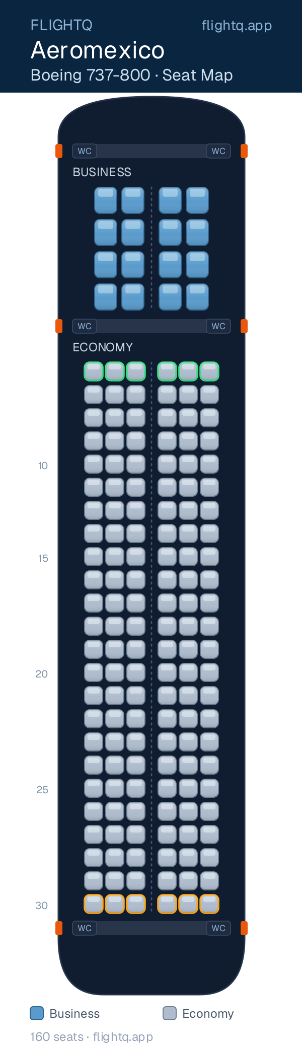 Aeromexico Boeing 737-800 seat map with 160 seats across 2 cabins — best seats and rows to avoid
