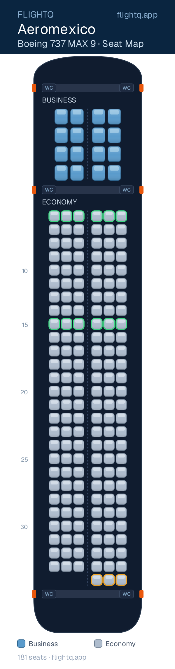Aeromexico Boeing 737 MAX 9 seat map with 181 seats across 2 cabins — best seats and rows to avoid