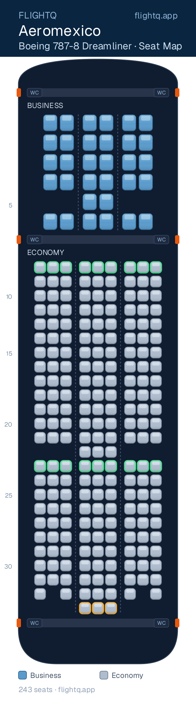 Aeromexico Boeing 787-8 Dreamliner seat map with 243 seats across 2 cabins — best seats and rows to avoid