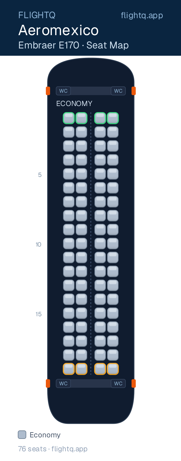 Aeromexico Embraer E170 seat map with 76 seats — best seats and rows to avoid