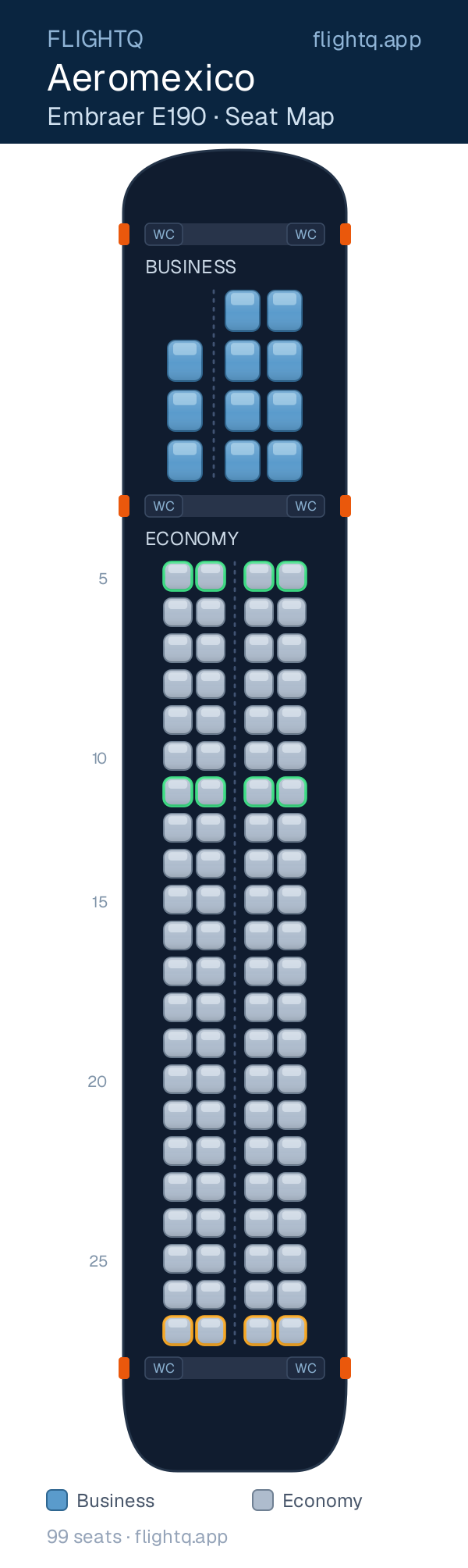 Aeromexico Embraer E190 seat map with 99 seats across 2 cabins — best seats and rows to avoid