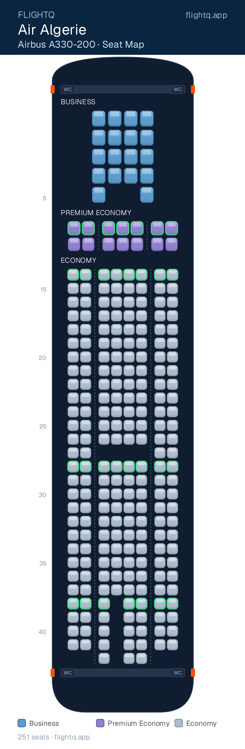 Air Algerie Airbus A330-200 seat map with 251 seats across 3 cabins — best seats and rows to avoid