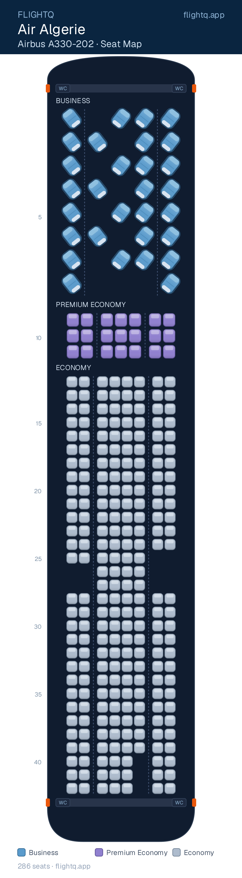 Air Algerie Airbus A330-202 seat map with 286 seats across 3 cabins — best seats and rows to avoid