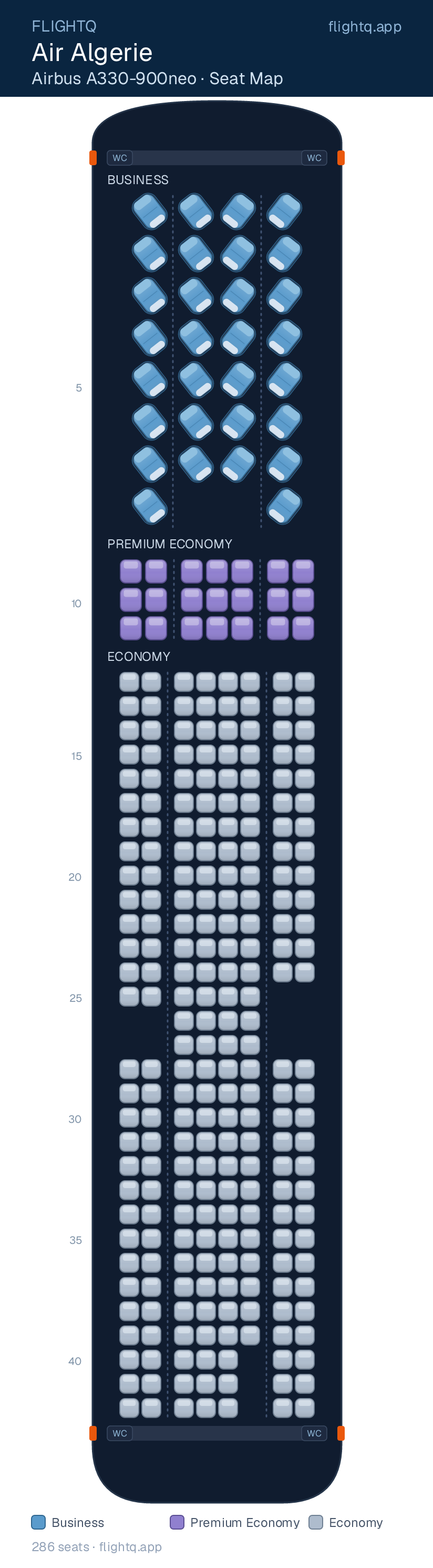 Air Algerie Airbus A330-900neo seat map with 286 seats across 3 cabins — best seats and rows to avoid