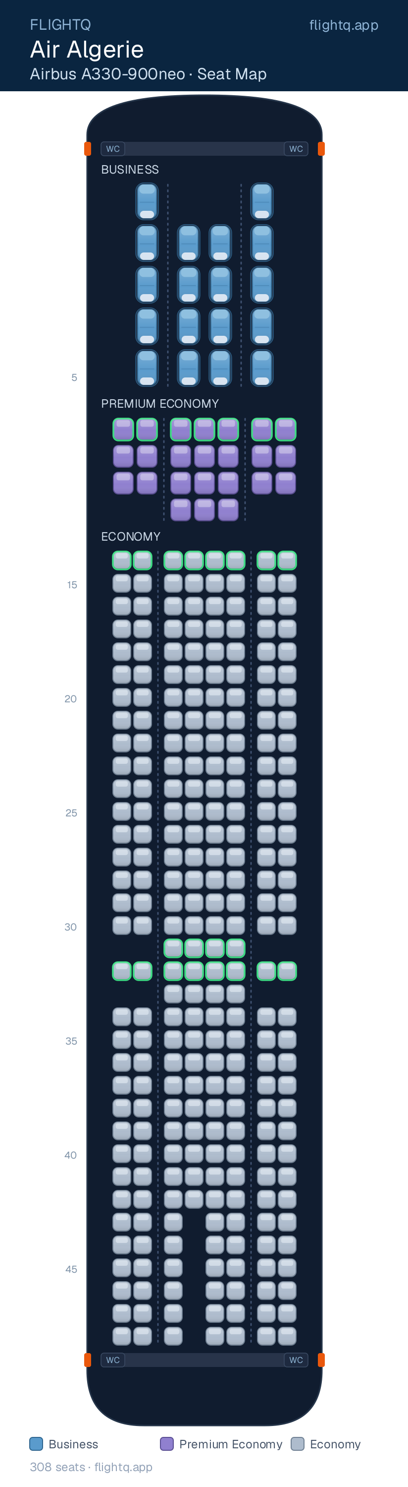 Air Algerie Airbus A330-900neo seat map with 308 seats across 3 cabins — best seats and rows to avoid
