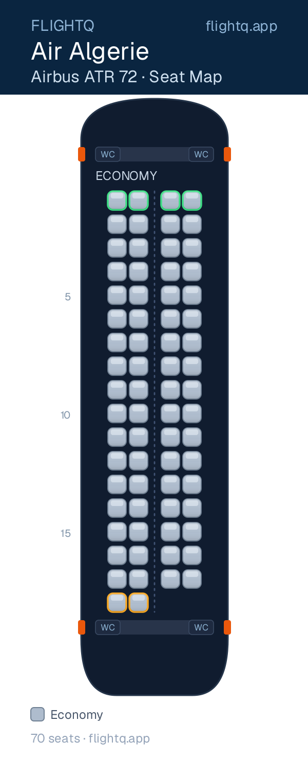 Air Algerie ATR 72 seat map with 70 seats — best seats and rows to avoid