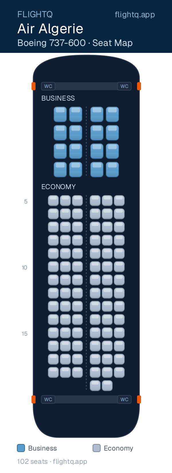 Air Algerie Boeing 737-600 seat map with 102 seats across 2 cabins — best seats and rows to avoid