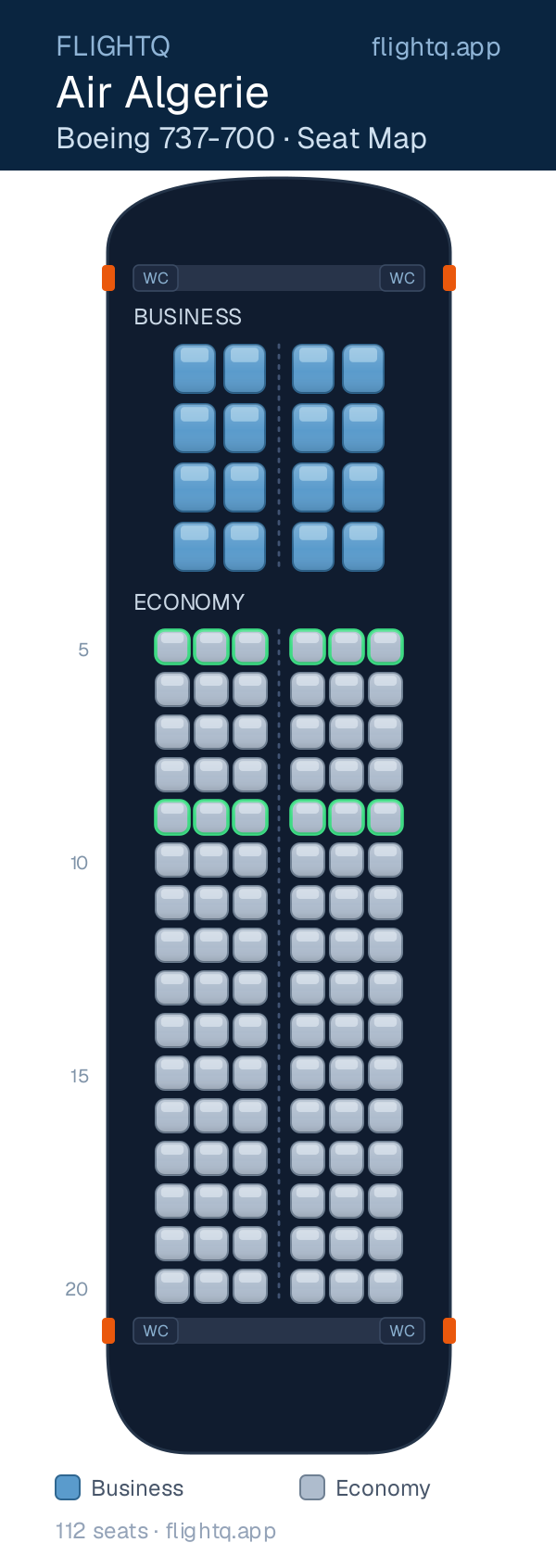 Air Algerie Boeing 737-700 seat map with 112 seats across 2 cabins — best seats and rows to avoid