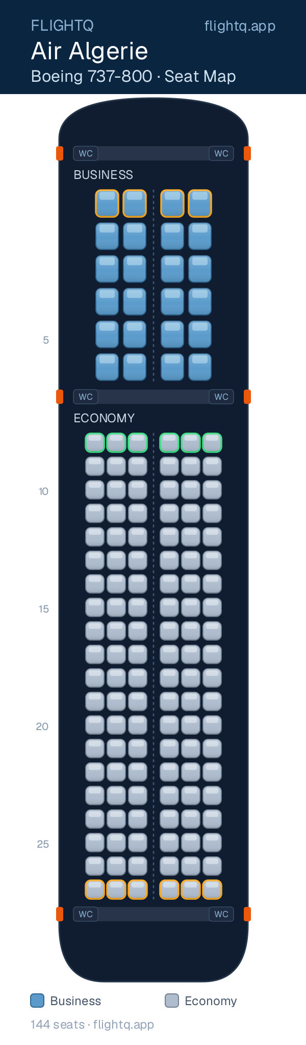 Air Algerie Boeing 737-800 seat map with 144 seats across 2 cabins — best seats and rows to avoid