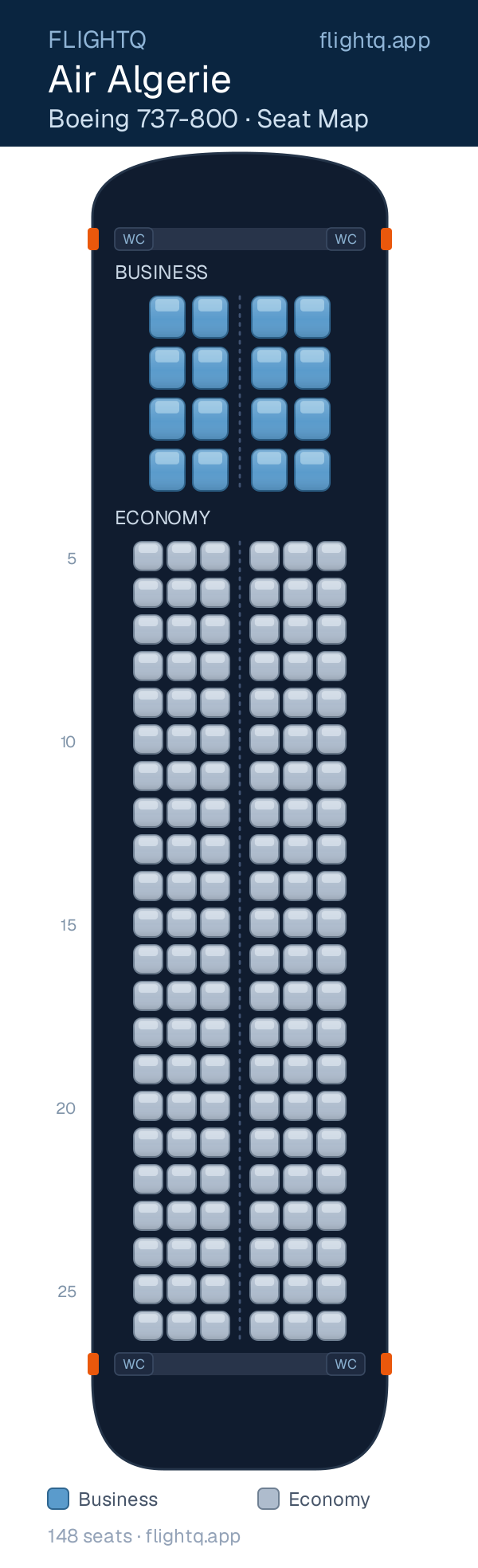 Air Algerie Boeing 737-800 seat map with 148 seats across 2 cabins — best seats and rows to avoid