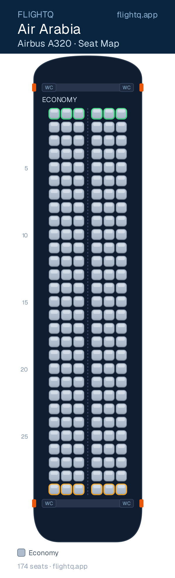 Air Arabia Airbus A320 seat map with 174 seats — best seats and rows to avoid