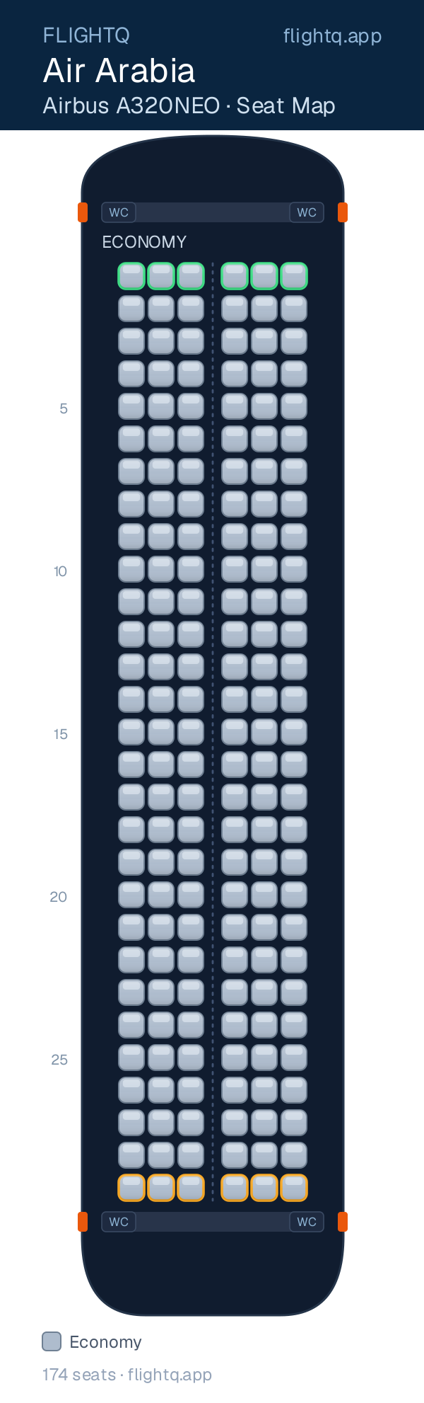 Air Arabia Airbus A320NEO seat map with 174 seats — best seats and rows to avoid