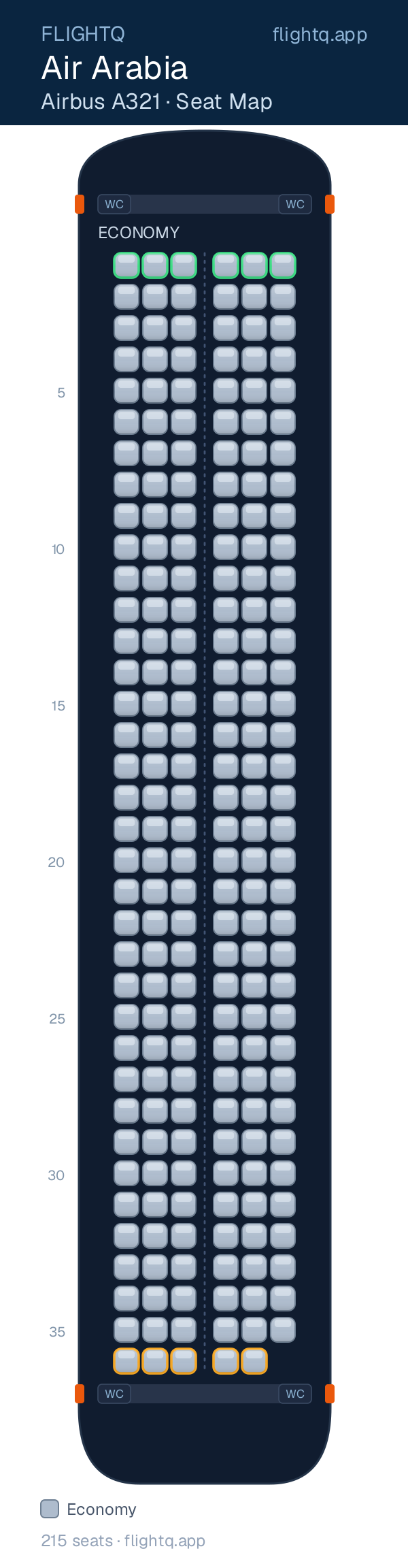 Air Arabia Airbus A321 seat map with 215 seats — best seats and rows to avoid