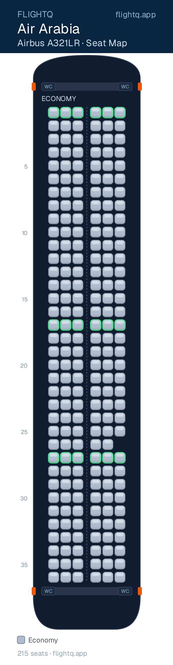 Air Arabia Airbus A321LR seat map with 215 seats — best seats and rows to avoid