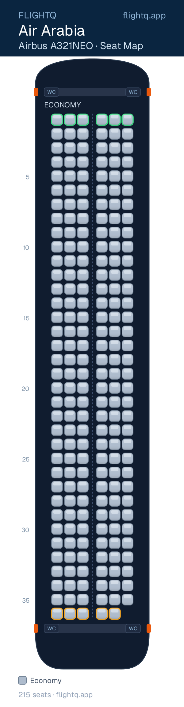 Air Arabia Airbus A321NEO seat map with 215 seats — best seats and rows to avoid