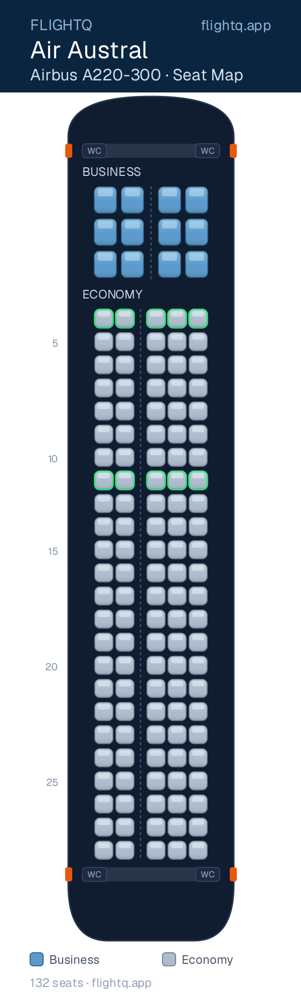 Air Austral Airbus A220-300 seat map with 132 seats across 2 cabins — best seats and rows to avoid