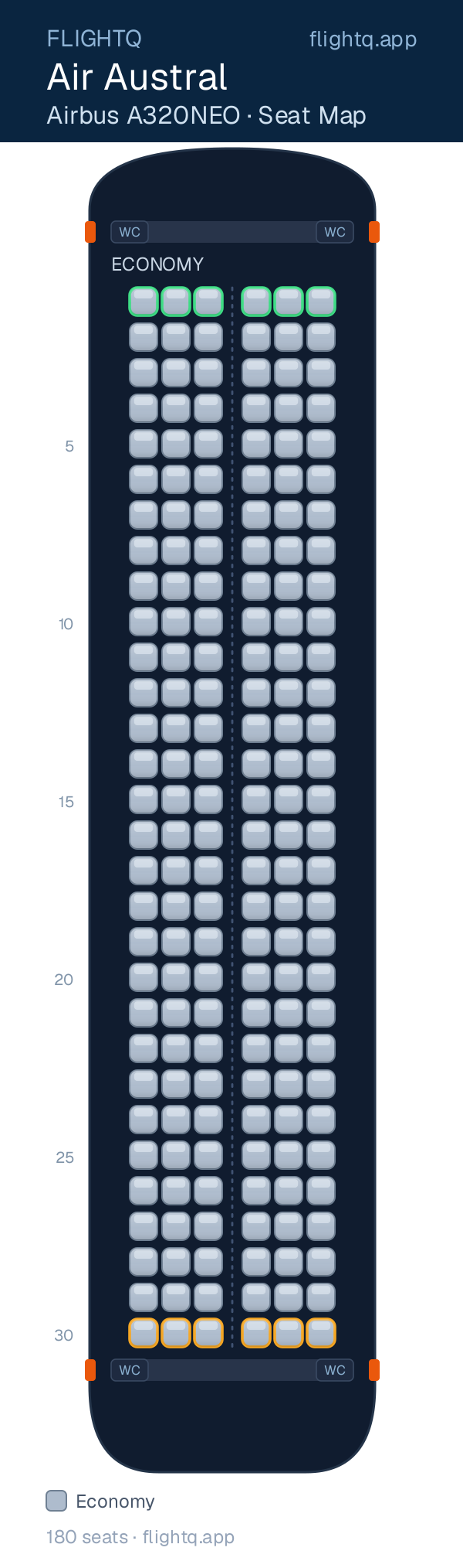 Air Austral Airbus A320NEO seat map with 180 seats — best seats and rows to avoid