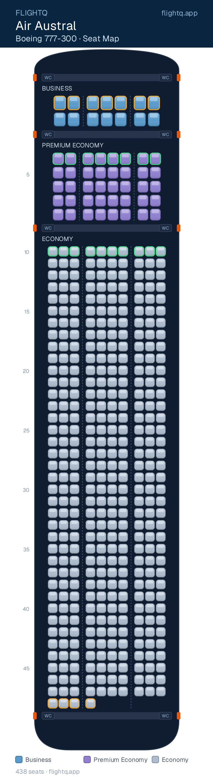 Air Austral Boeing 777-300ER seat map with 438 seats across 3 cabins — best seats and rows to avoid