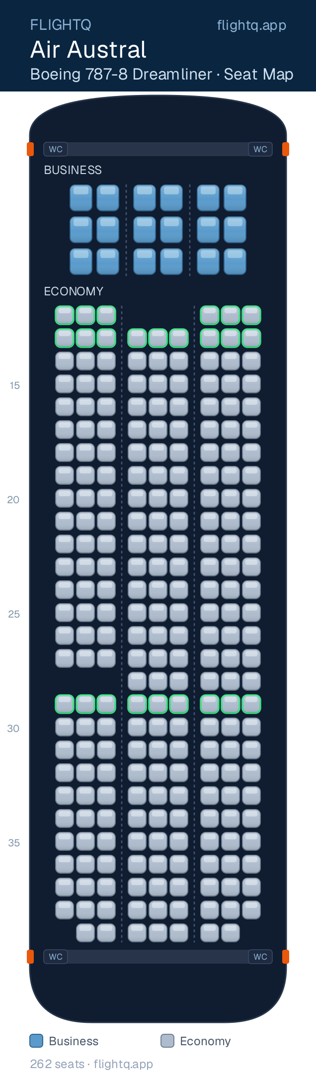 Air Austral Boeing 787-8 Dreamliner seat map with 262 seats across 2 cabins — best seats and rows to avoid