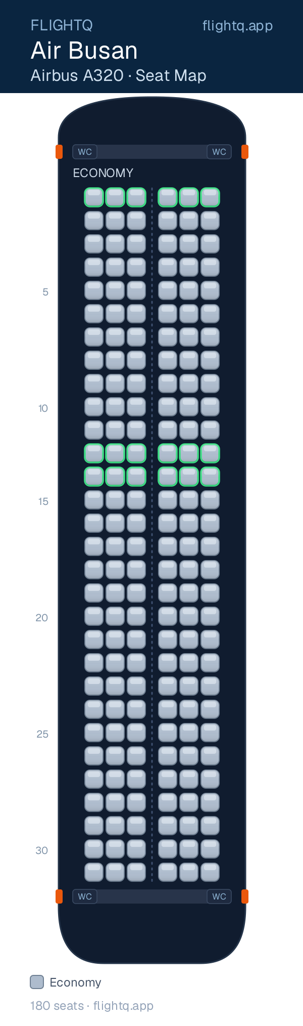 Air Busan Airbus A320 seat map with 180 seats — best seats and rows to avoid