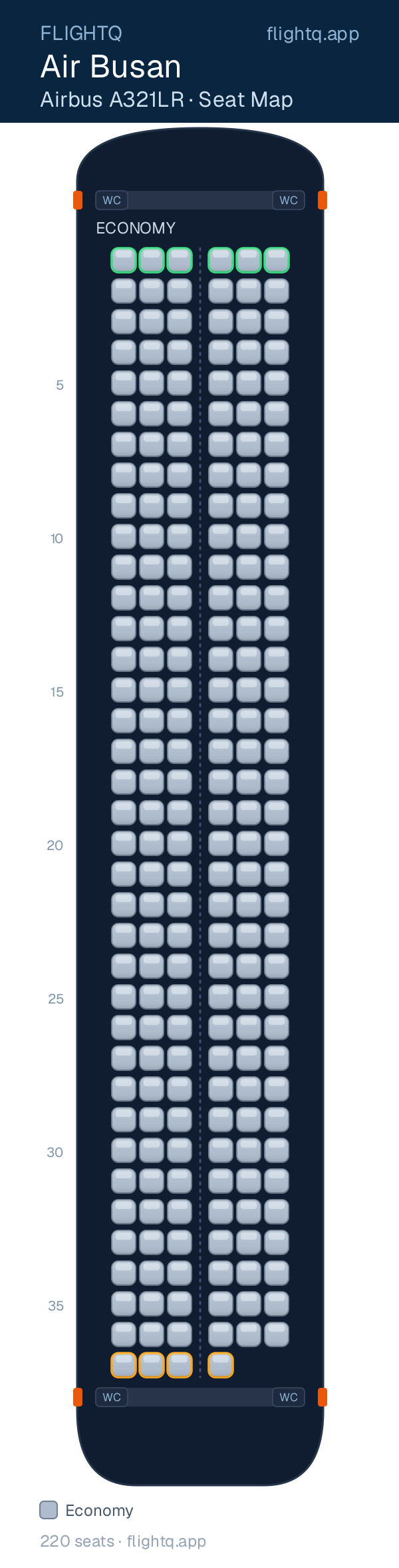 Air Busan Airbus A321LR seat map with 220 seats — best seats and rows to avoid