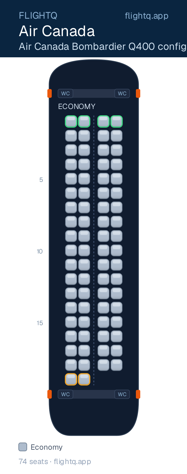Air Canada De Havilland Dash 8-400 seat map with 74 seats — best seats and rows to avoid