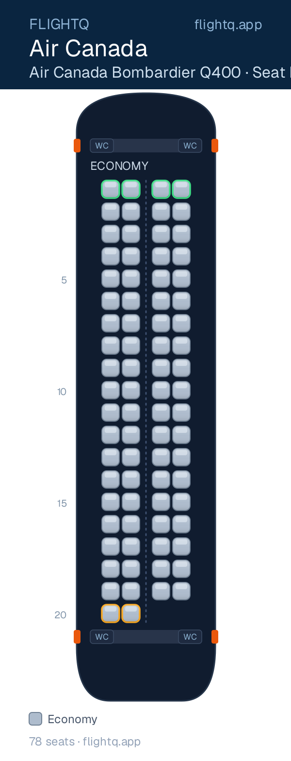 Air Canada De Havilland Dash 8-400 seat map with 78 seats — best seats and rows to avoid