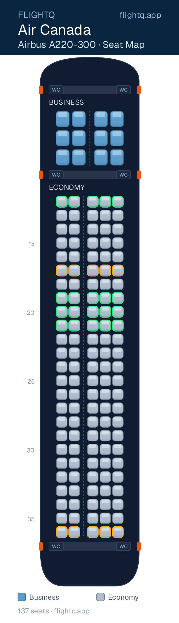 Air Canada Airbus A220-300 seat map with 137 seats across 2 cabins — best seats and rows to avoid