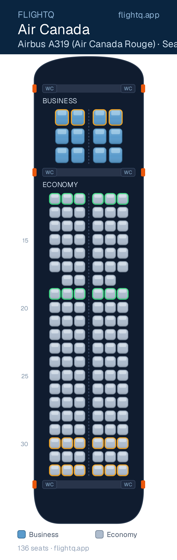 Air Canada Airbus A319 seat map with 136 seats across 2 cabins — best seats and rows to avoid