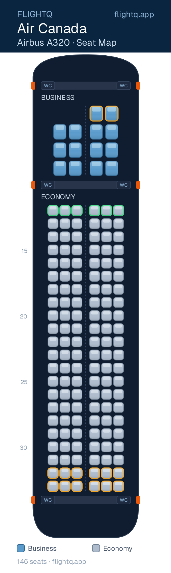 Air Canada Airbus A320 seat map with 146 seats across 2 cabins — best seats and rows to avoid