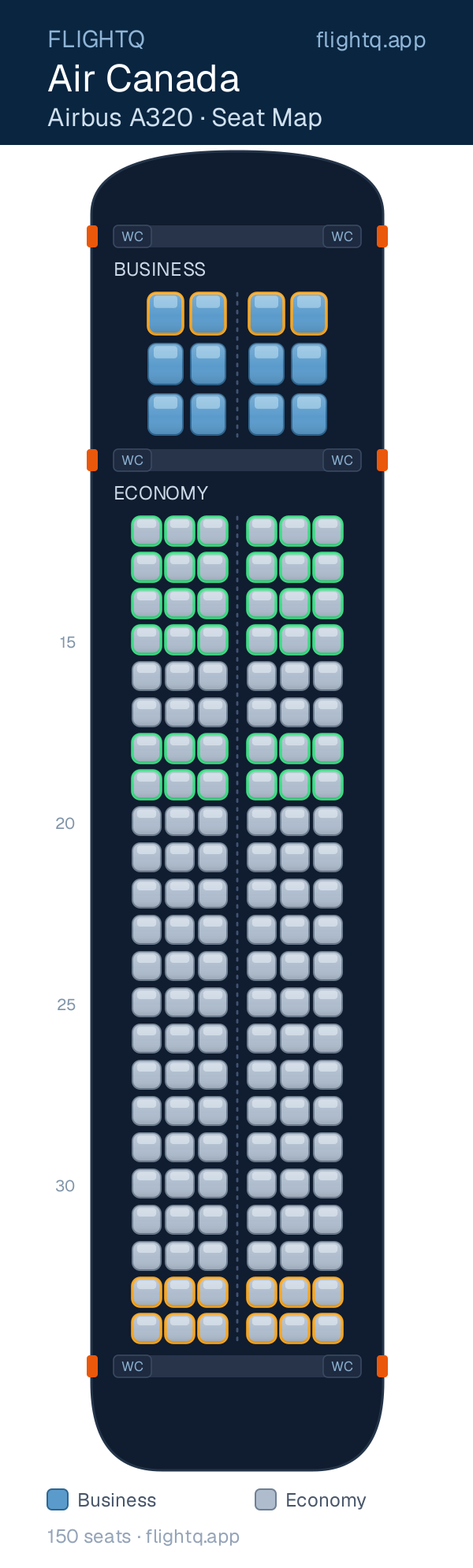 Air Canada Airbus A320 seat map with 150 seats across 2 cabins — best seats and rows to avoid