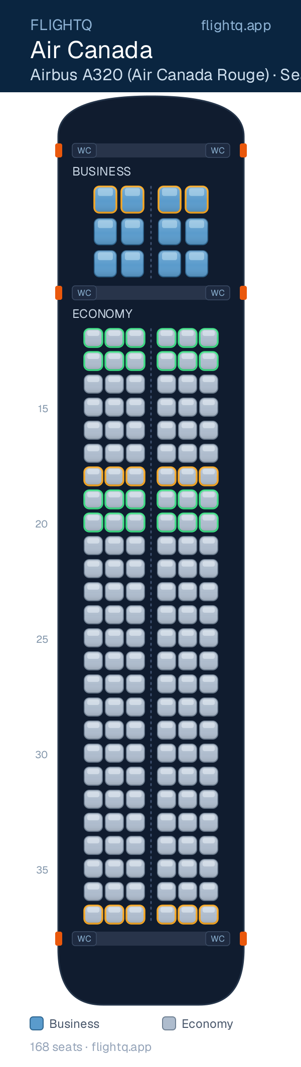Air Canada Airbus A320 seat map with 168 seats across 2 cabins — best seats and rows to avoid