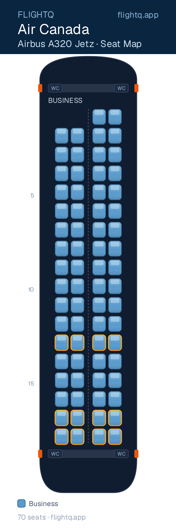Air Canada Airbus A320 seat map with 70 seats — best seats and rows to avoid