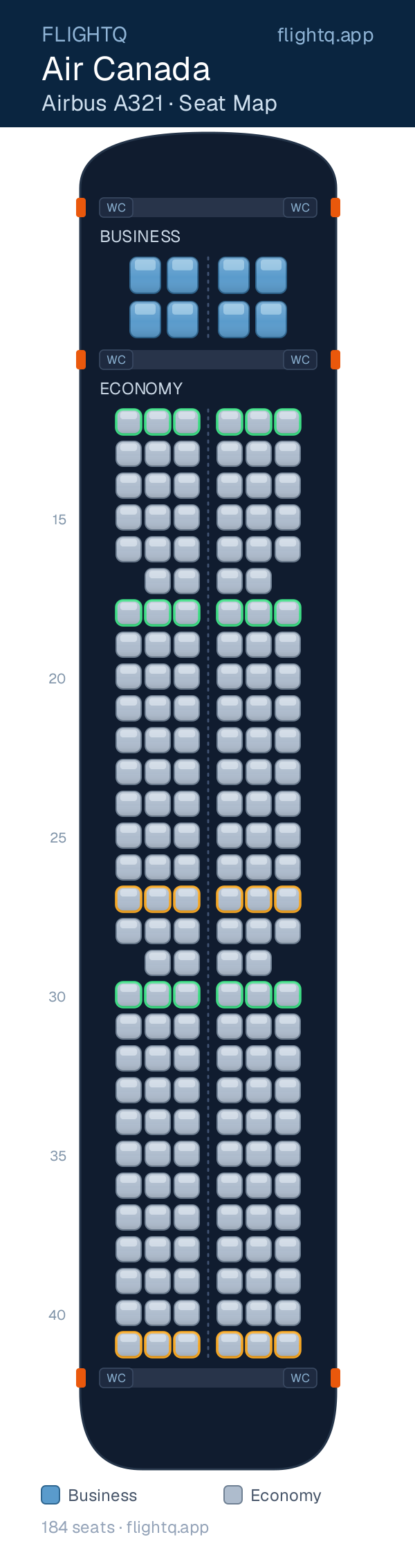 Air Canada Airbus A321 seat map with 184 seats across 2 cabins — best seats and rows to avoid