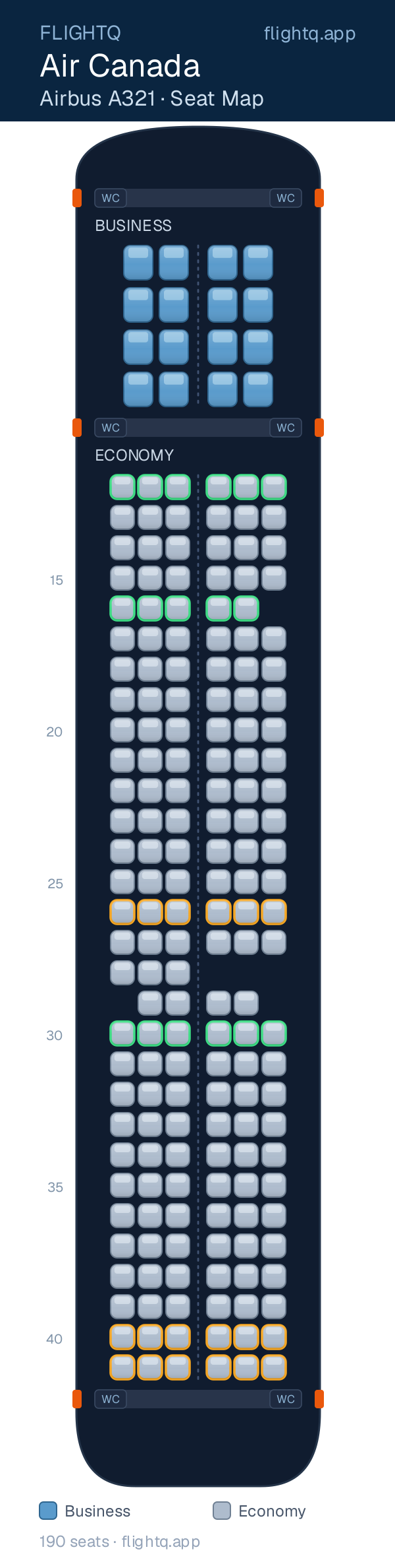 Air Canada Airbus A321 seat map with 190 seats across 2 cabins — best seats and rows to avoid