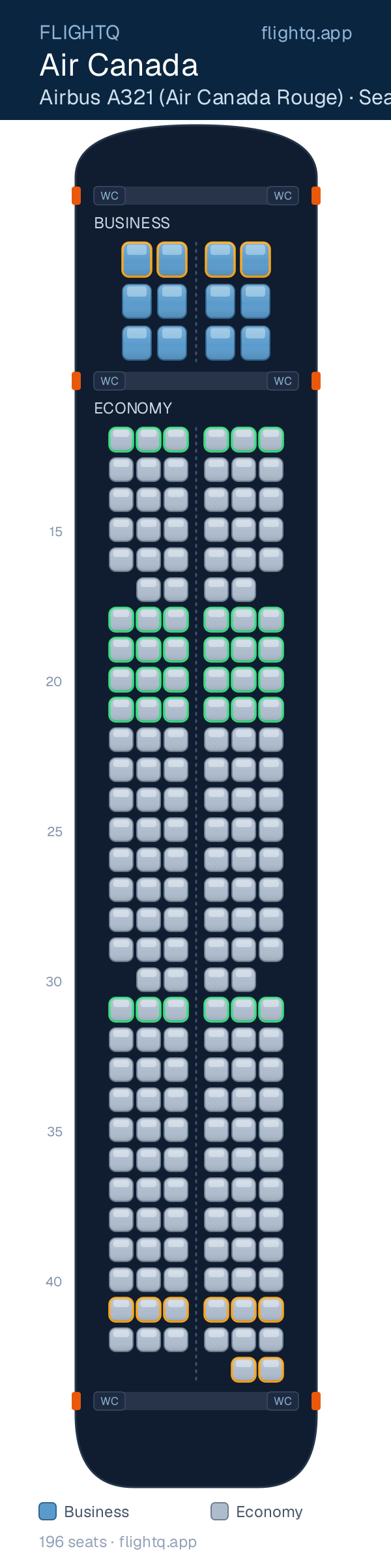 Air Canada Airbus A321 seat map with 196 seats across 2 cabins — best seats and rows to avoid