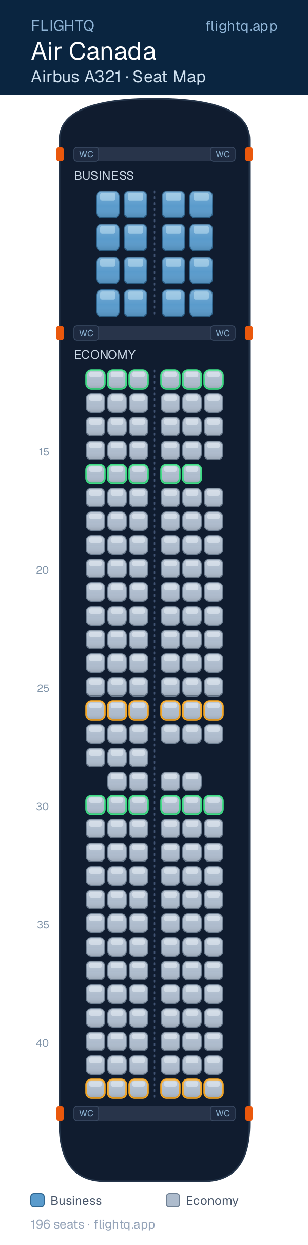 Air Canada Airbus A321 seat map with 196 seats across 2 cabins — best seats and rows to avoid