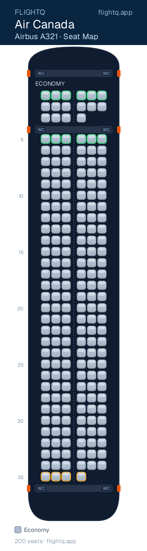 Air Canada Airbus A321 seat map with 200 seats — best seats and rows to avoid