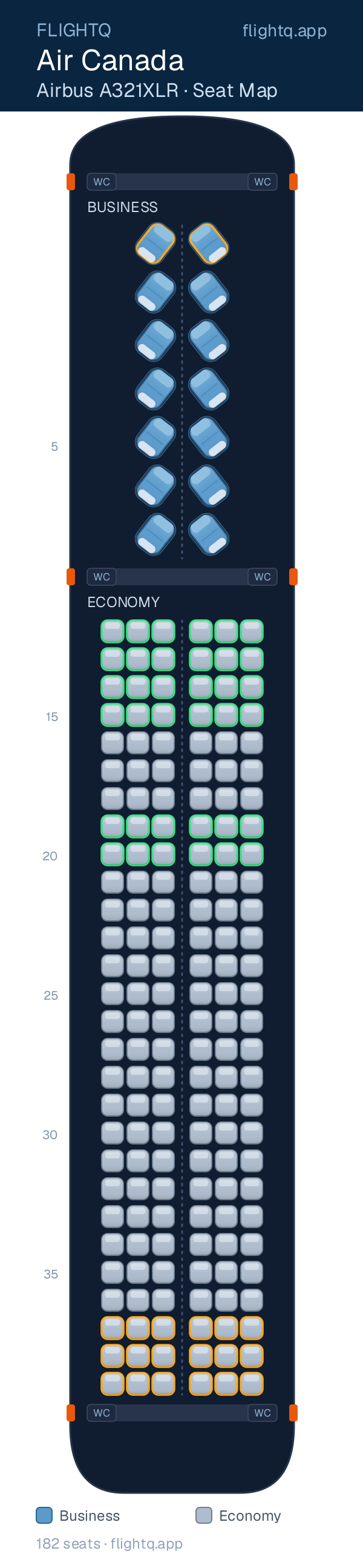 Air Canada Airbus A321XLR seat map with 182 seats across 2 cabins — best seats and rows to avoid