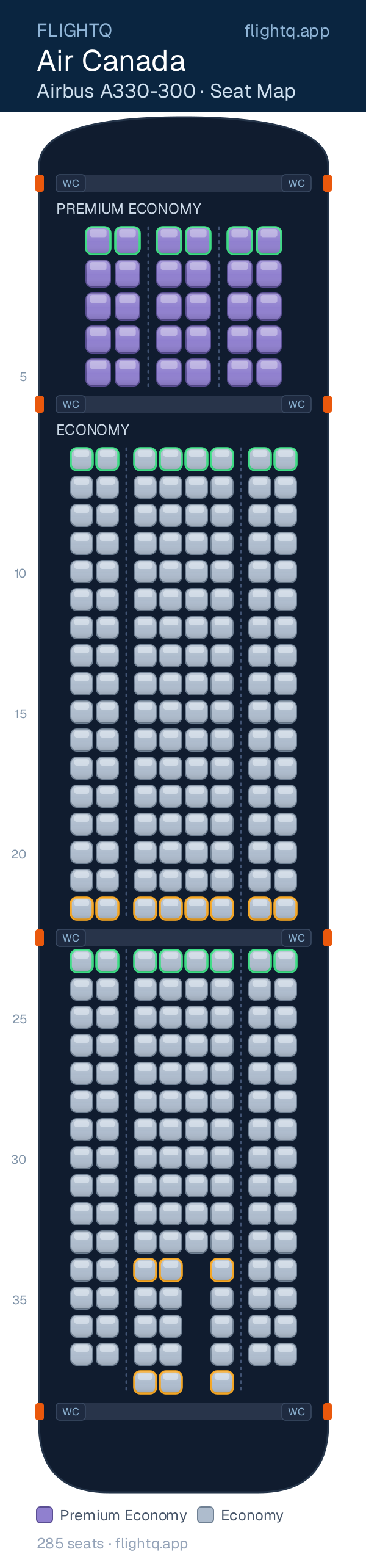 Air Canada Airbus A330-300 seat map with 285 seats across 2 cabins — best seats and rows to avoid