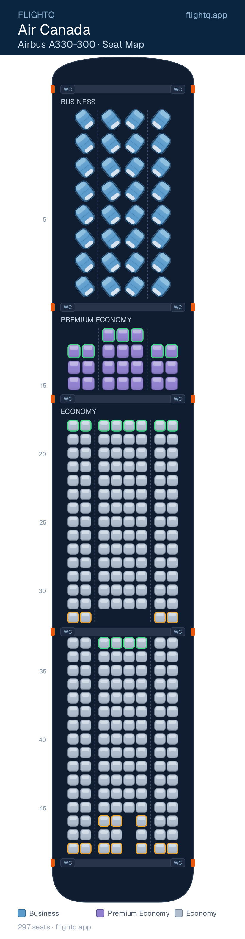 Air Canada Airbus A330-300 seat map with 297 seats across 3 cabins — best seats and rows to avoid