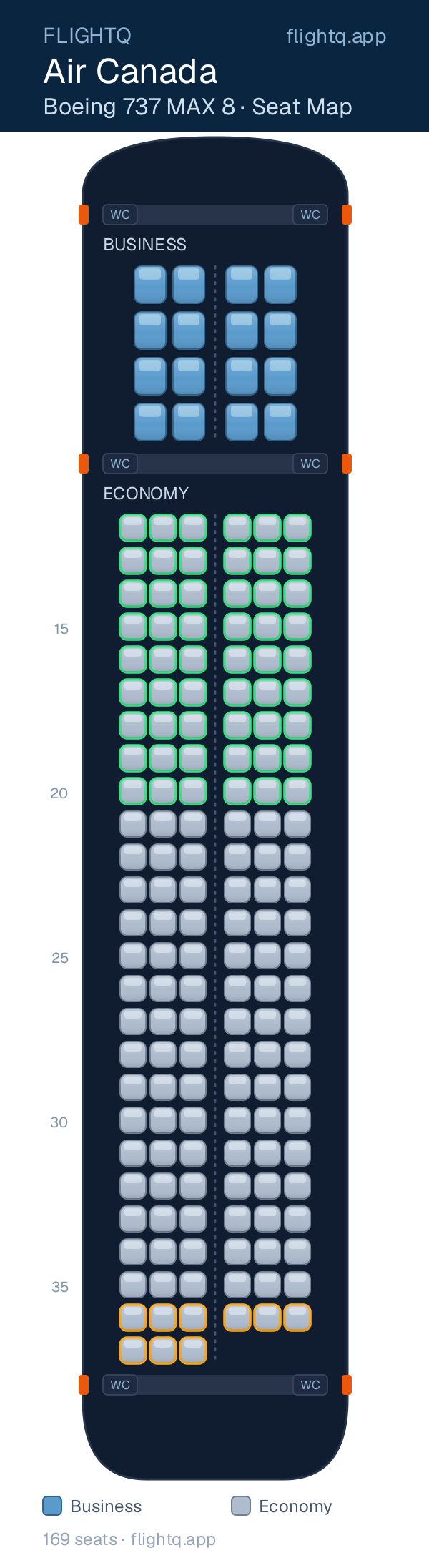 Air Canada Boeing 737 MAX 8 seat map with 169 seats across 2 cabins — best seats and rows to avoid
