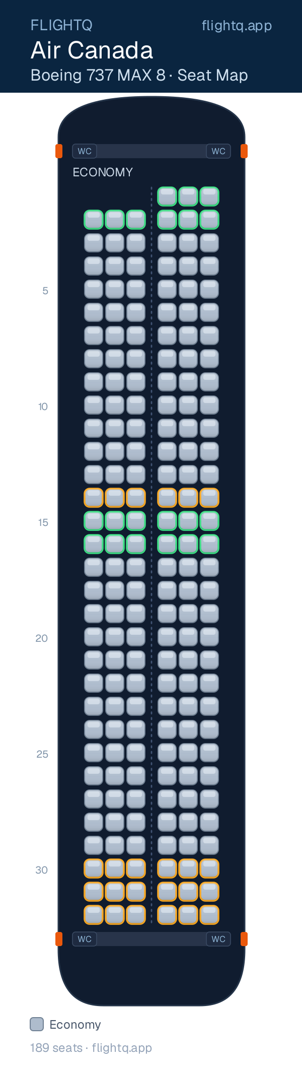 Air Canada Boeing 737 MAX 8 seat map with 189 seats — best seats and rows to avoid