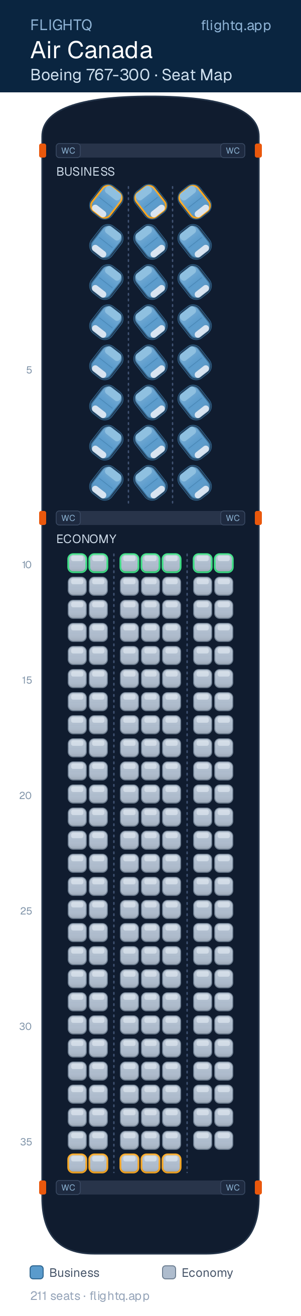 Air Canada Boeing 767-300ER seat map with 211 seats across 2 cabins — best seats and rows to avoid