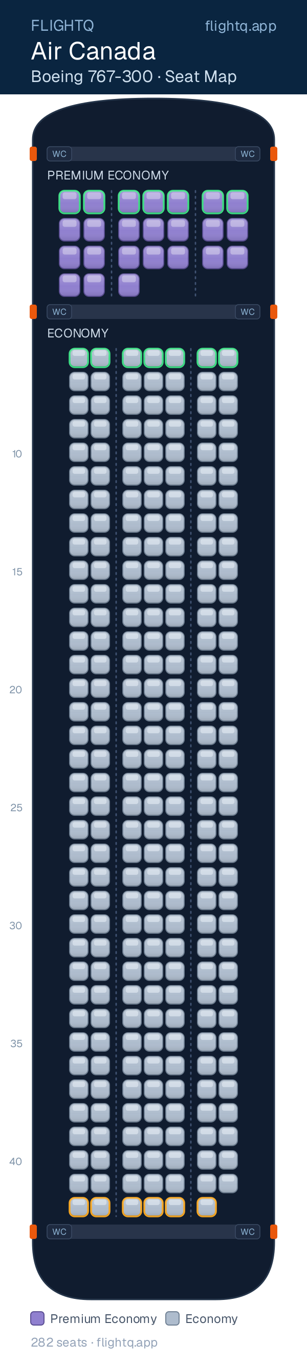 Air Canada Boeing 767-300ER seat map with 282 seats across 2 cabins — best seats and rows to avoid
