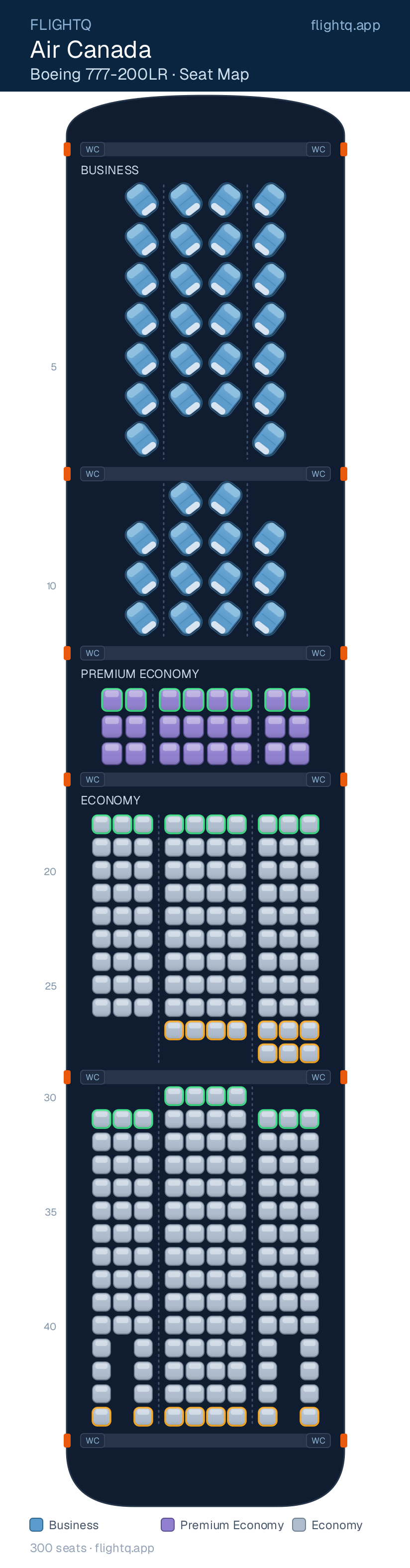 Air Canada Boeing 777-200 seat map with 300 seats across 3 cabins — best seats and rows to avoid
