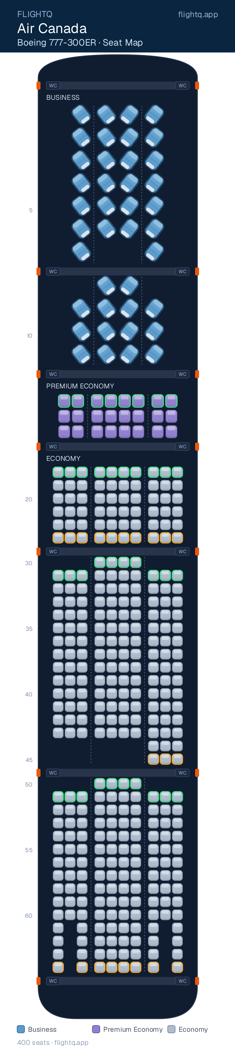 Air Canada Boeing 777-300ER seat map with 400 seats across 3 cabins — best seats and rows to avoid
