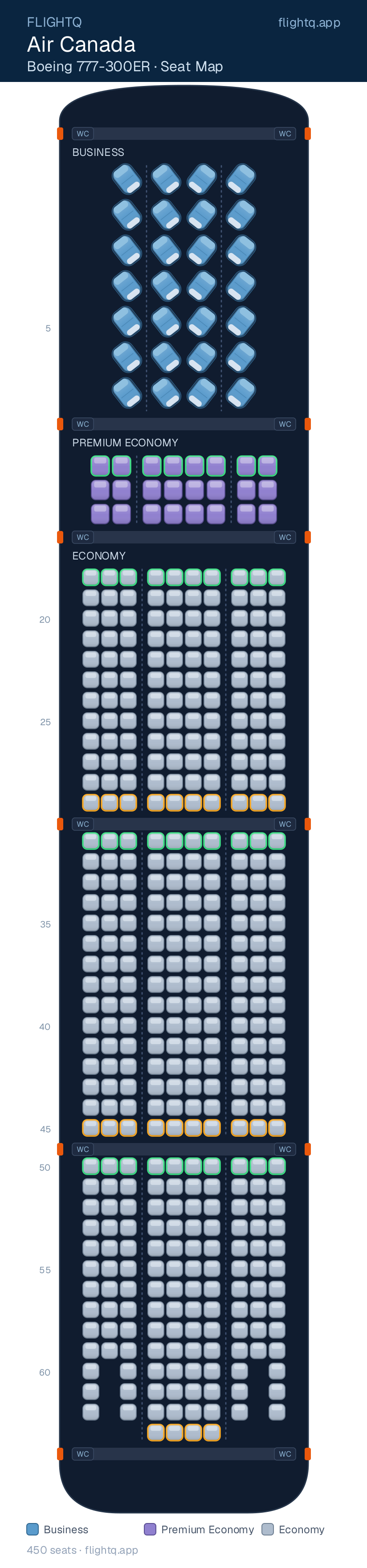 Air Canada Boeing 777-300ER seat map with 450 seats across 3 cabins — best seats and rows to avoid
